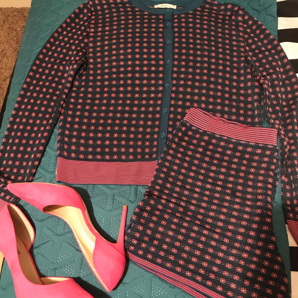 Zara Navy and Pink Knit Cardigan and Skirt Set